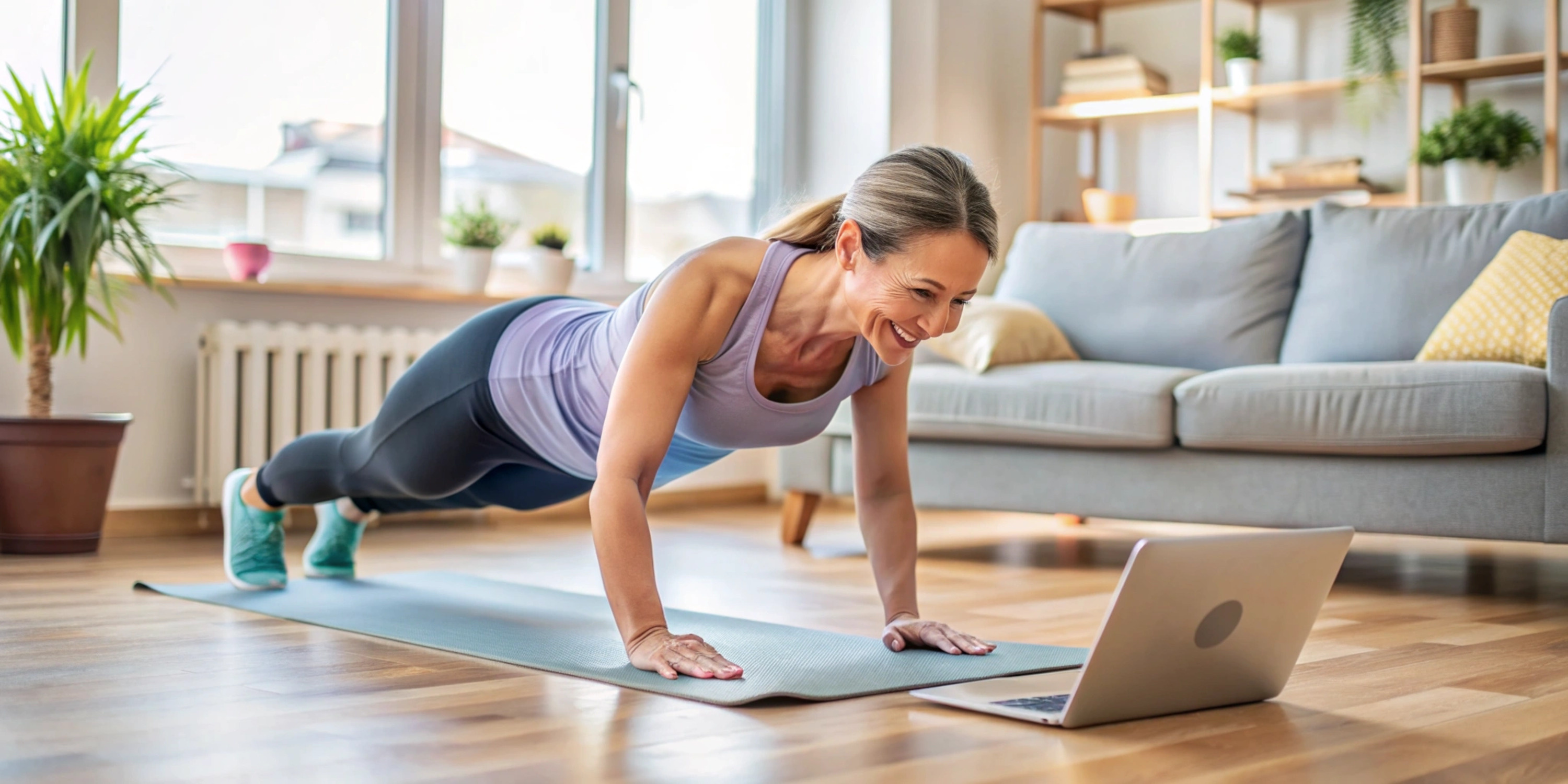 Ältere Frau bei Online-Gymnastik im Wohnzimmer